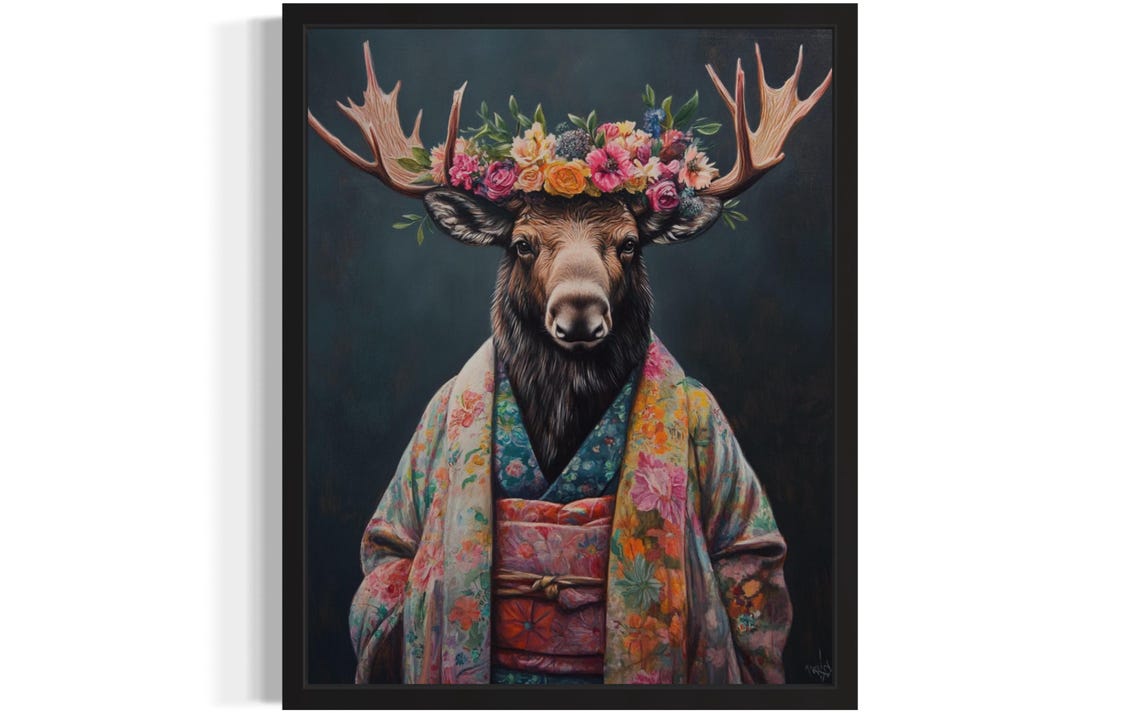 Moose Wearing Flower Crown and Floral Kimono Fine Art Decor Poster