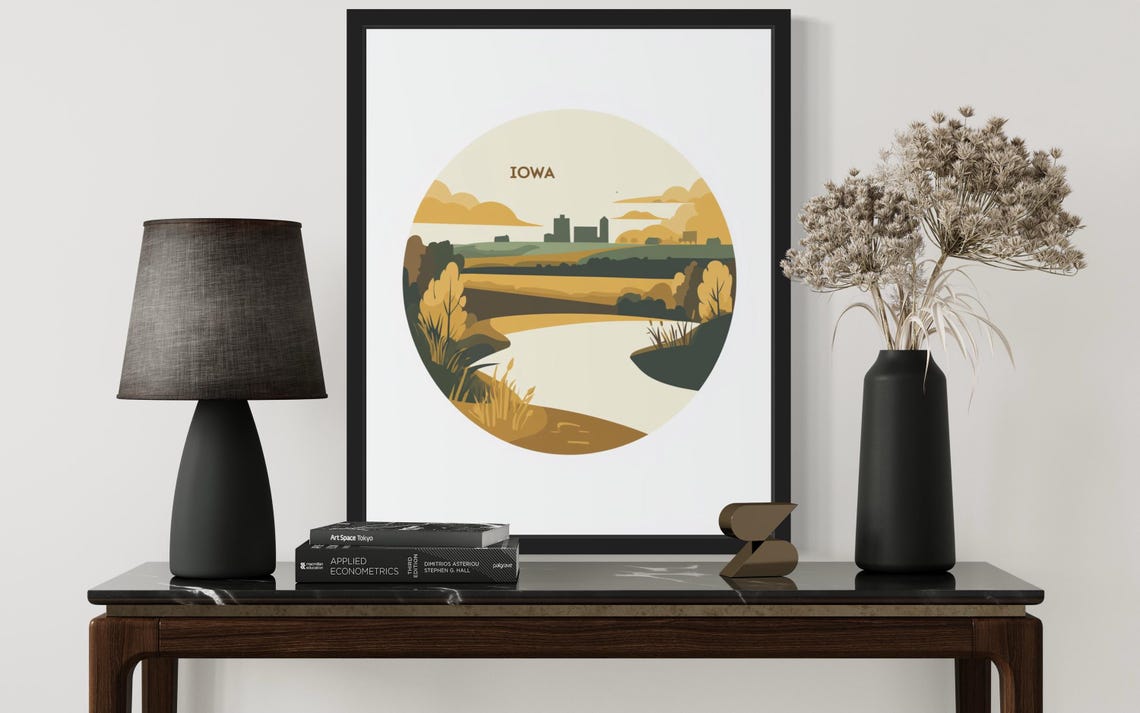 Iowa Golden Farmland River Bend With Distant City Skyline Poster - Image 3