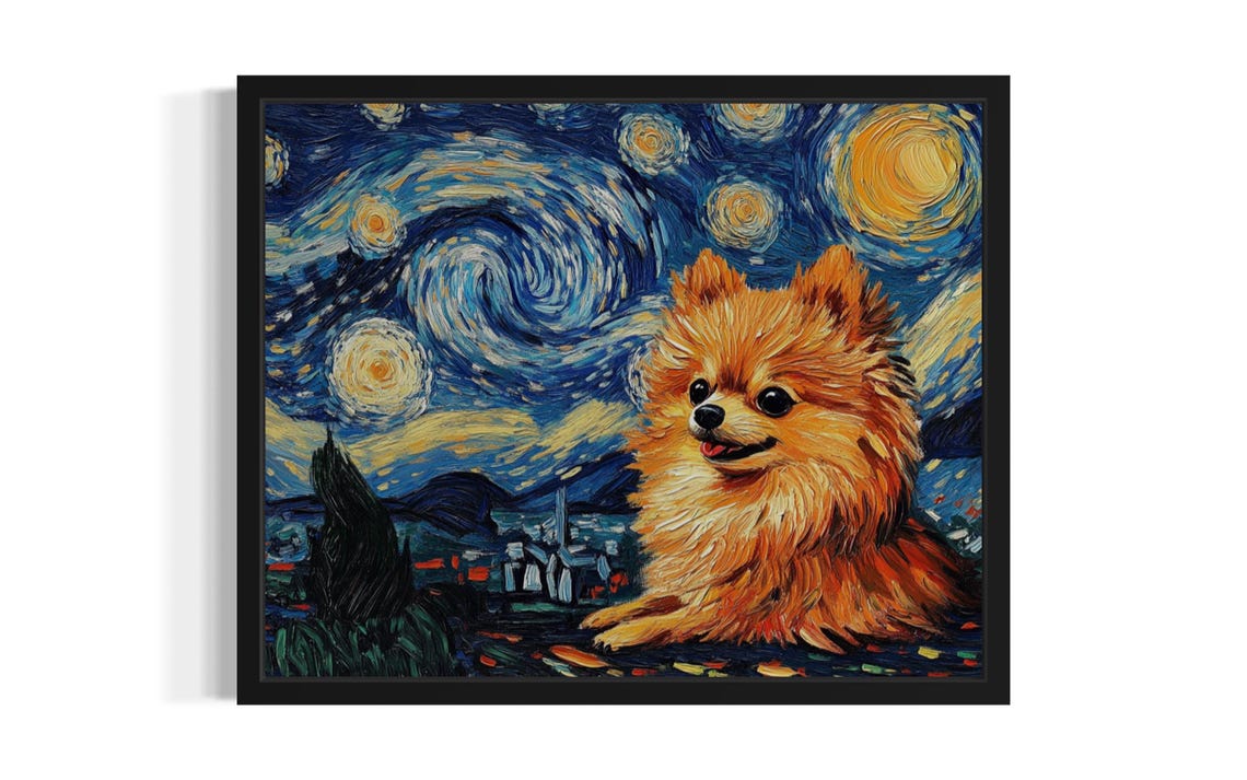 Fluffy Pomeranian Dog in Van Gogh Swirling Starry Night Poster