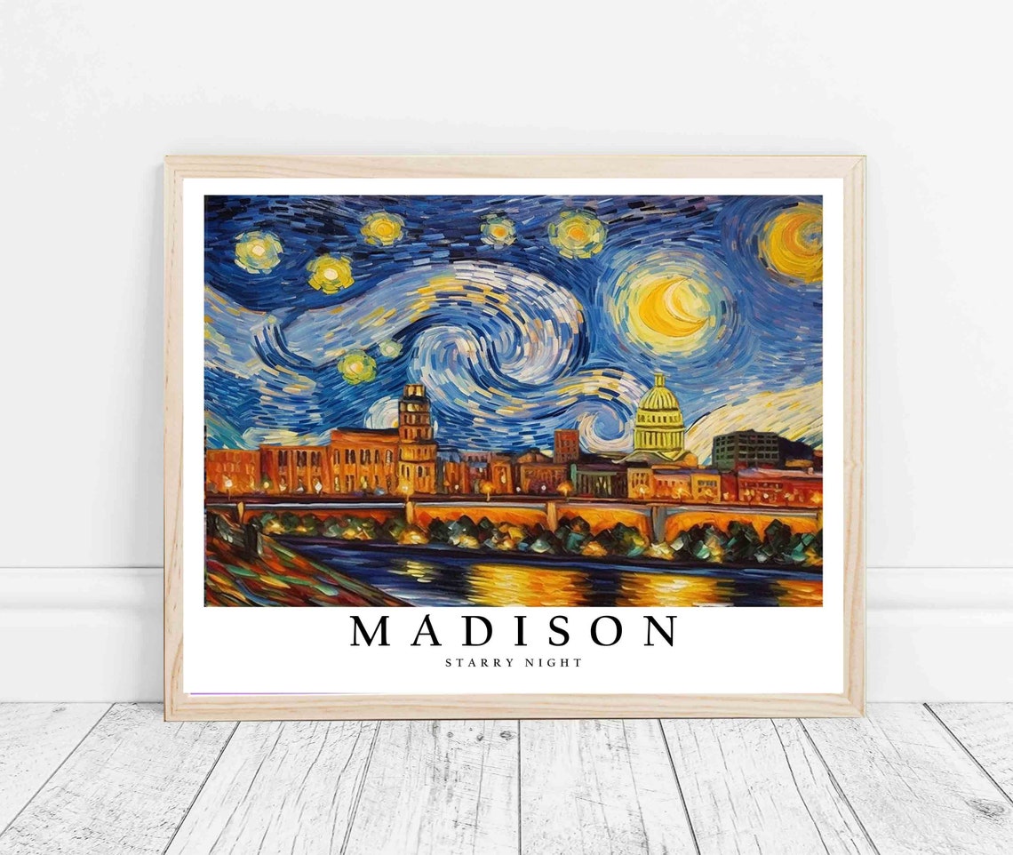 Madison Starry Night Capitol Dome Waterfront City Glow Poster - Image 3