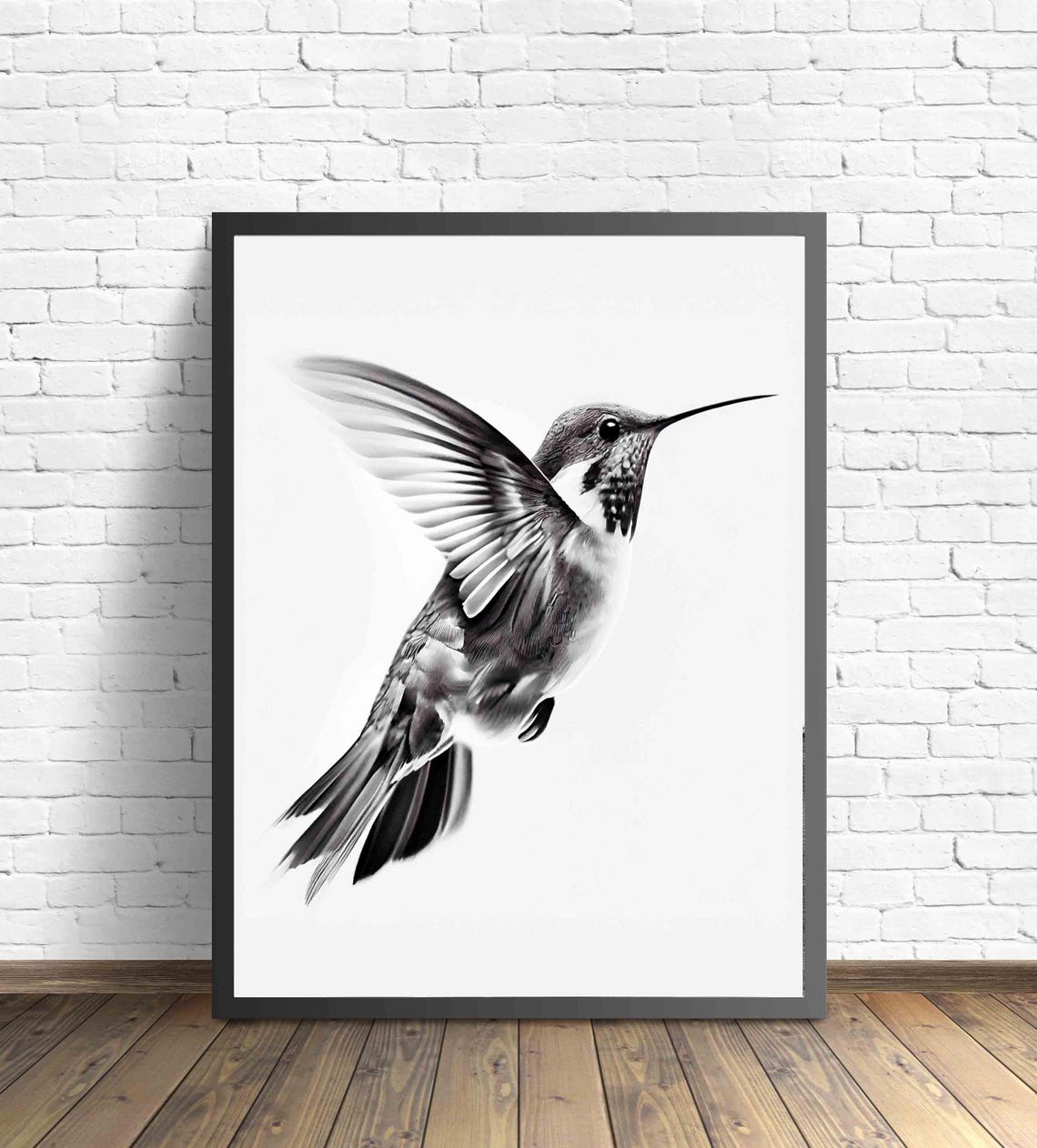 Graceful Hummingbird Hovering in Flight Black and White Art Poster - Image 3