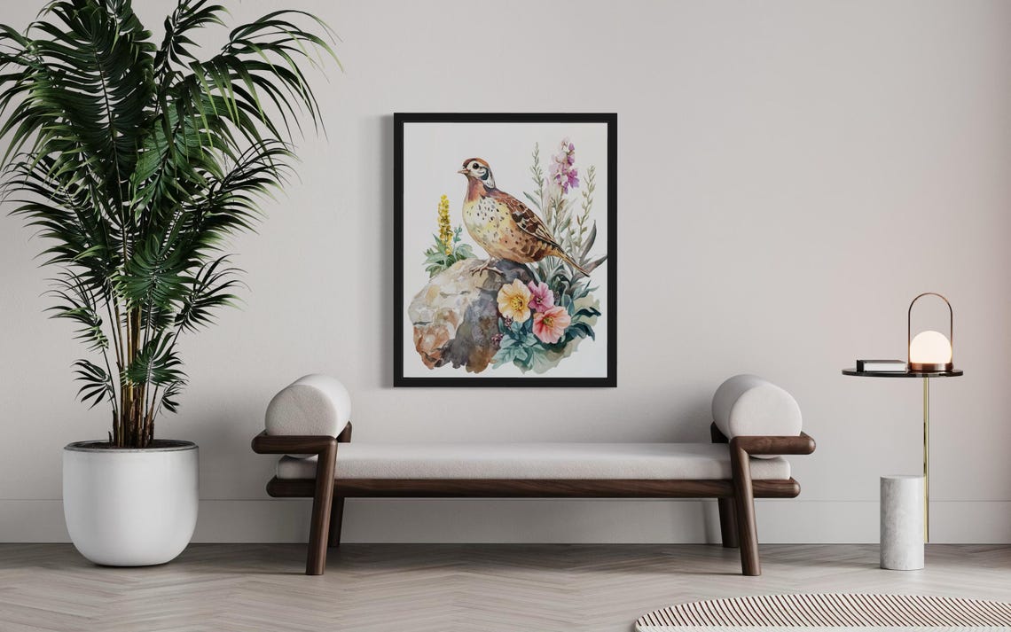 Partridge on a Mossy Rock with Wildflowers Watercolor Poster - Image 3