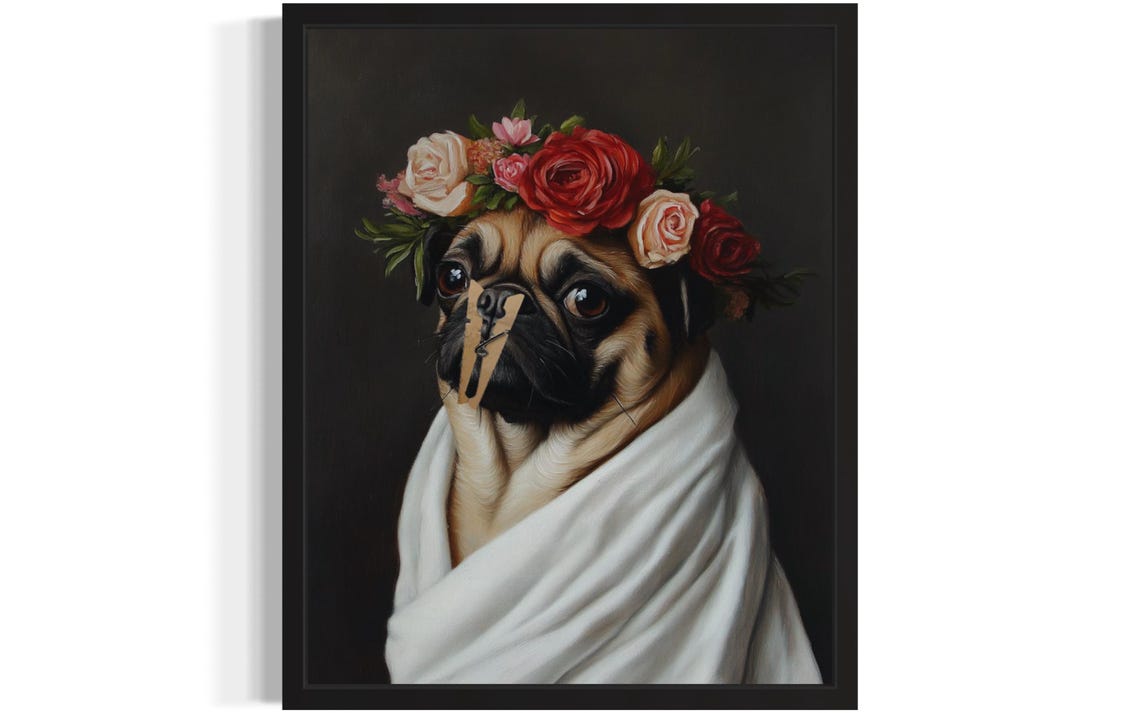 Pug Flower Crown Clothespin Funny Restroom Art Bathroom Poster