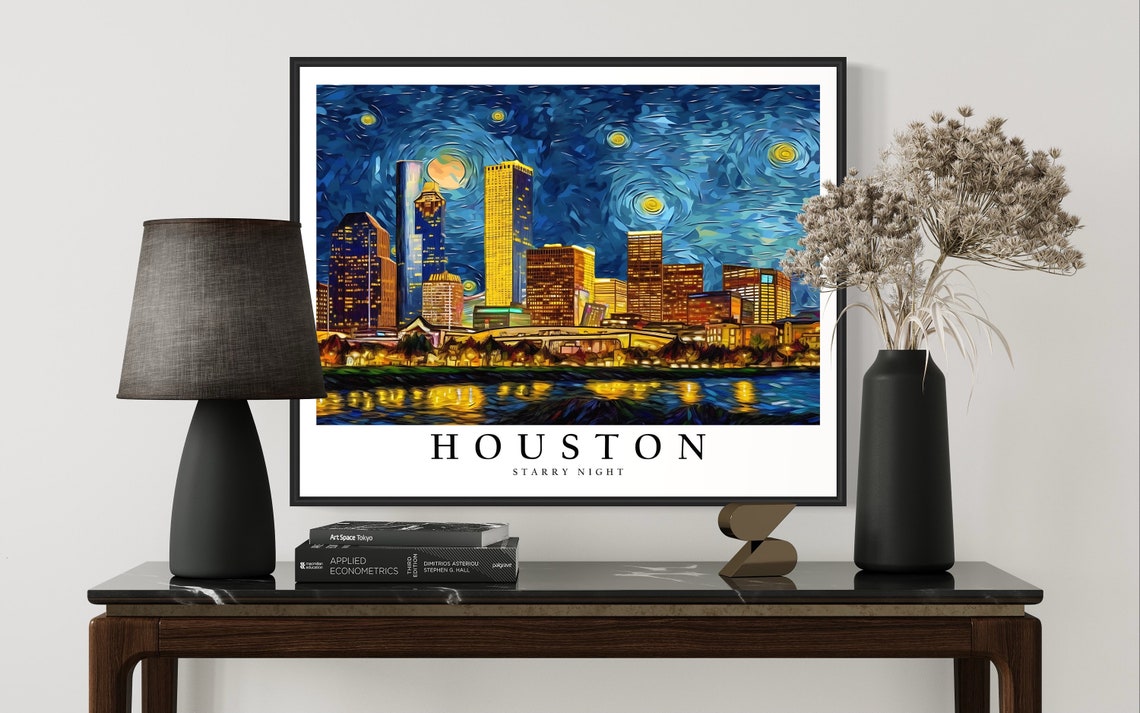 Houston Texas Starry Night Downtown Skyline Night Glow City Art Poster - Image 3