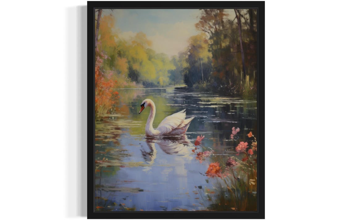 White Swan On Sunlit Forest Lake With Wildflowers Art Poster