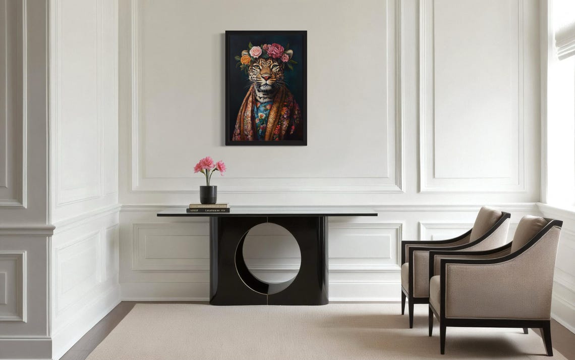 Leopard Wearing Rose Flower Crown and Shawl Fine Art Decor Poster - Image 3