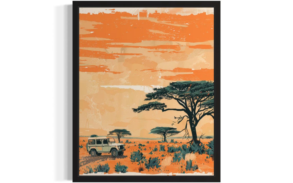 Retro African Safari Jeep Sunset Scene with Acacia Tree Wall Art