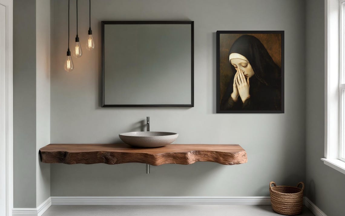 Nun in Black Habit Holding Nose in Funny Prayer-Like Pose Poster - Image 2