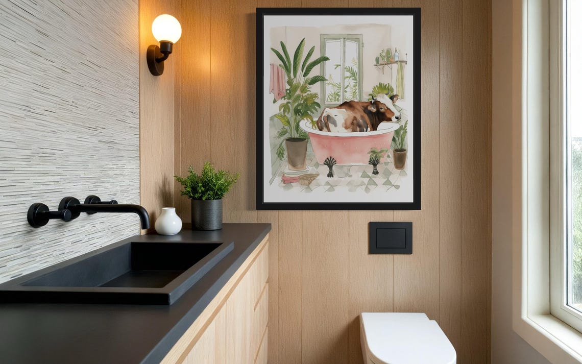 Brown Cow Resting in a Pink Clawfoot Tub Watercolor Bathroom Poster - Image 2