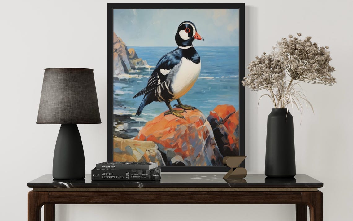 Harlequin Duck Standing on Coastal Rocks by the Sea Vintage Poster - Image 2
