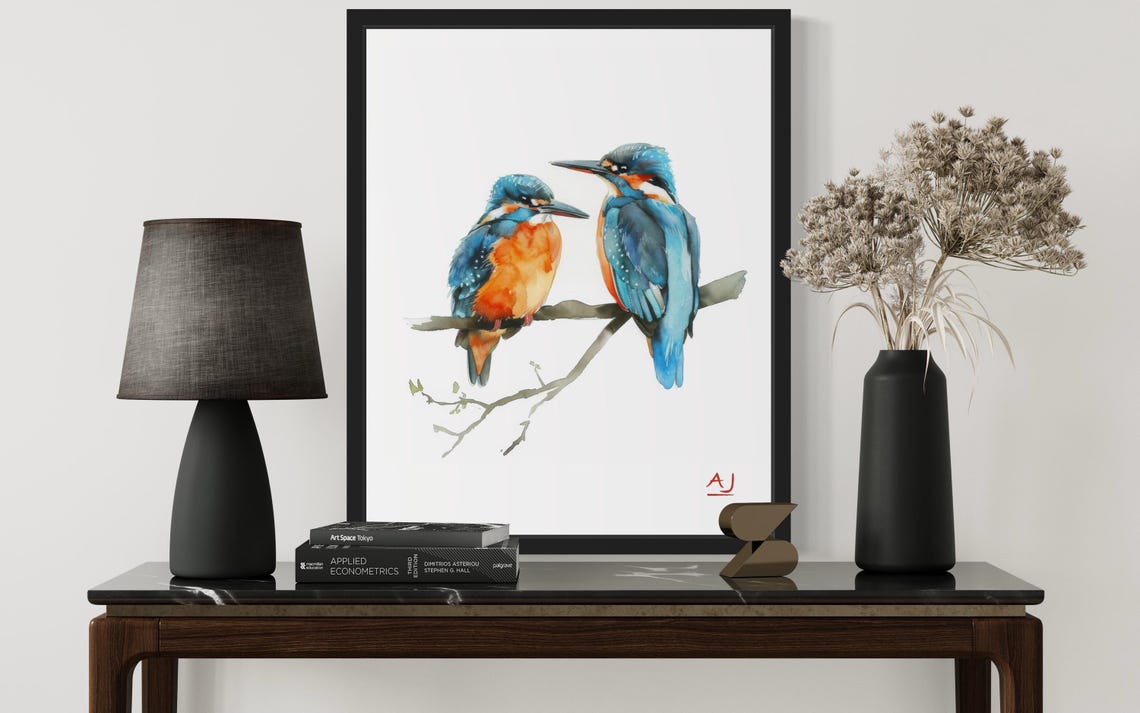 Two Kingfishers Perched Together In Watercolor Bird Art Poster - Image 2
