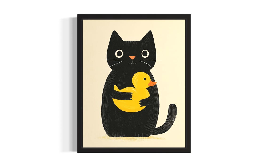 Cute Black Cat Hugging Yellow Rubber Duck Nursery Art Poster