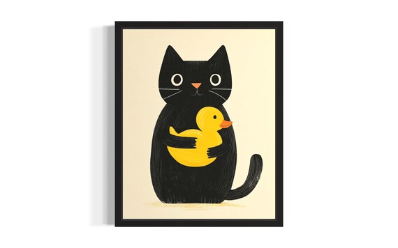 Cute Black Cat Hugging Yellow Rubber Duck Nursery Art Poster