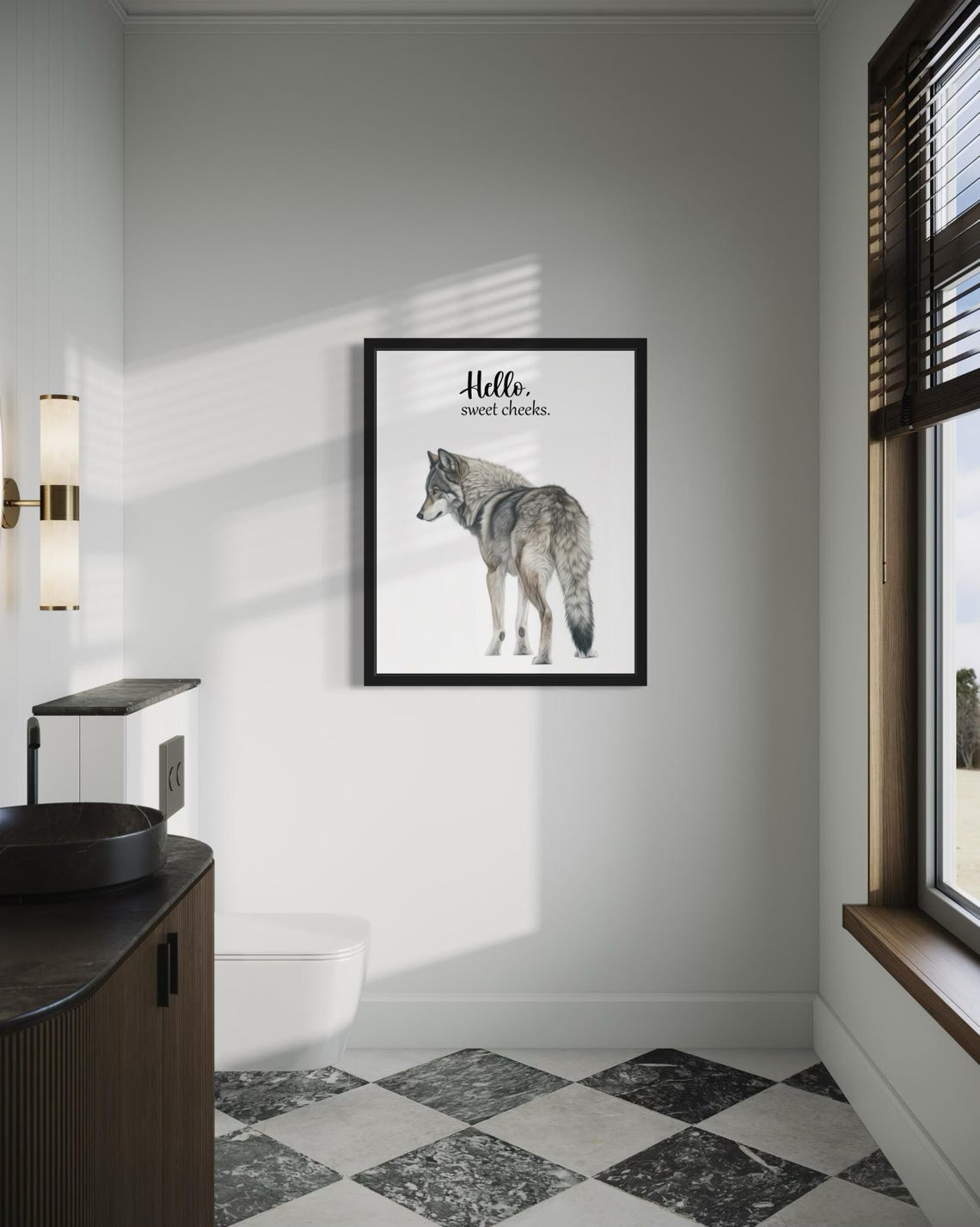 Gray Wolf Looking Back Hello Sweet Cheeks Funny Bathroom Poster - Image 4