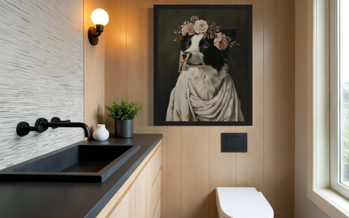 Cute Border Collie Flower Crown Clothespin Funny Bathroom Poster - Image 2