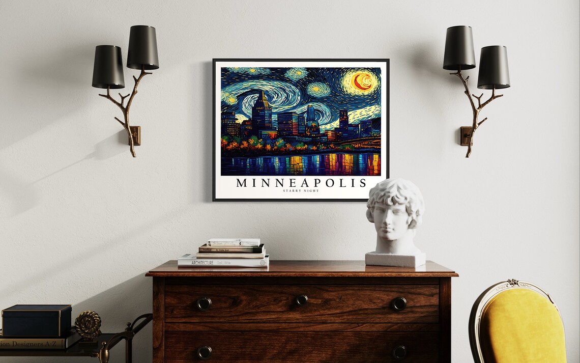 Minneapolis Minnesota Starry Night River Skyline Night Lights Art Poster - Image 4
