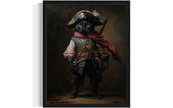 Black Cat Pirate Captain With Tricorn Hat And Sword Portrait Poster