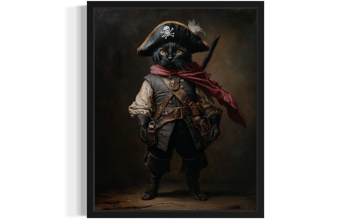 Black Cat Pirate Captain With Tricorn Hat And Sword Portrait Poster
