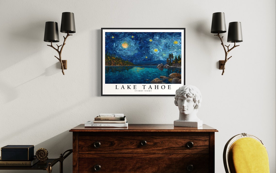 Lake Tahoe Starry Night Moonlit Lake Impasto Landscape Poster - Image 4