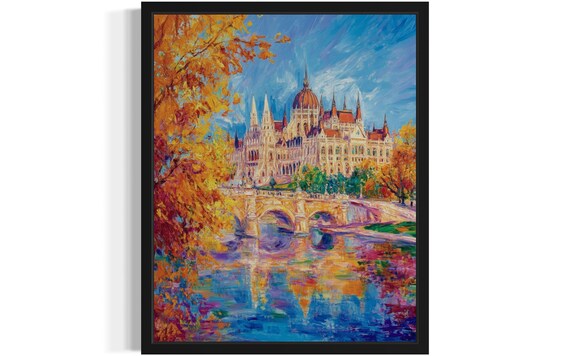 Hungarian Parliament in Autumn Budapest River Painting Poster