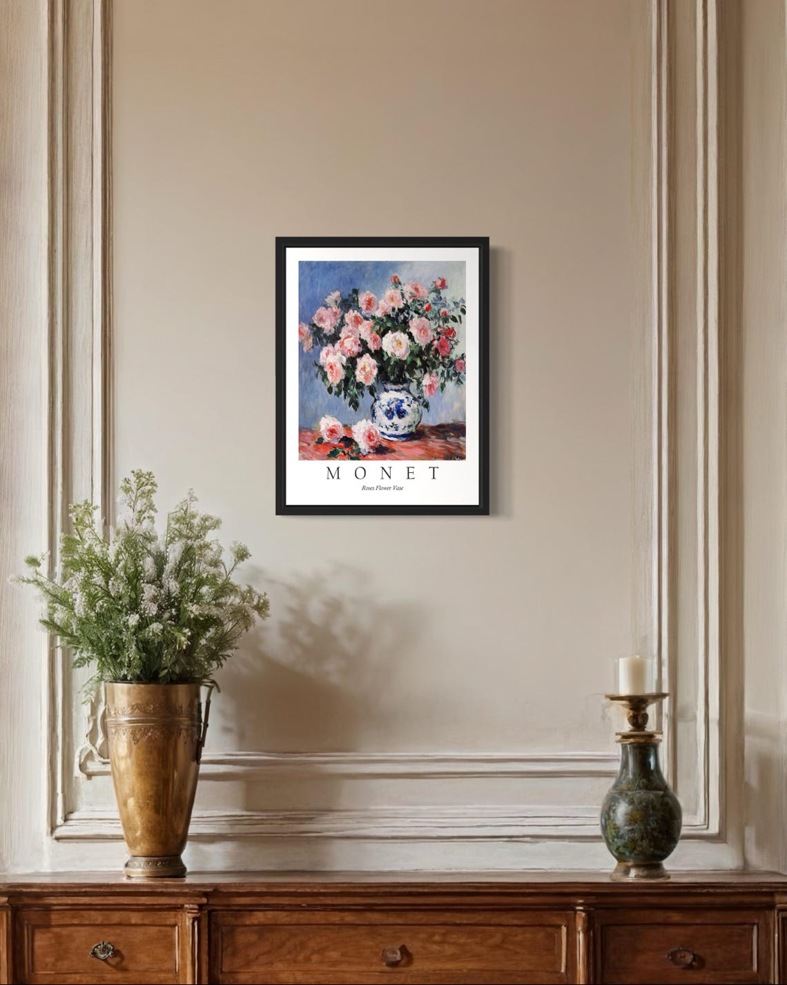 Pink Roses in a Porcelain Vase Monet Style Floral Still Life Poster - Image 2