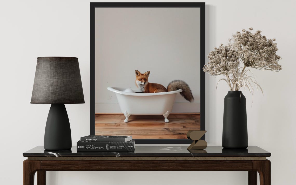 Red Fox Curled Up in a White Clawfoot Bathtub Minimalist Photo Poster - Image 2