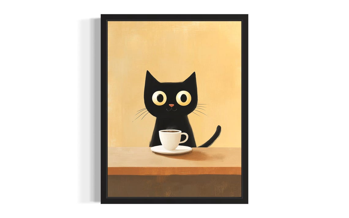 Black Cat With Coffee Cup Cute Minimalist Kitchen Cat Lover Poster