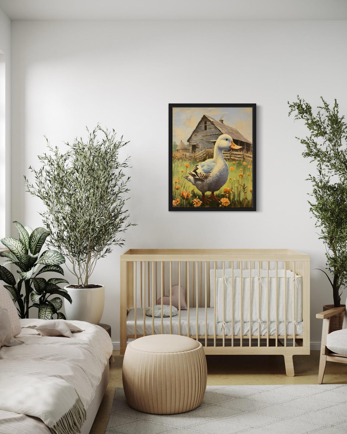 White Farm Duck in a Flower Meadow Before a Barn Vintage Poster - Image 4