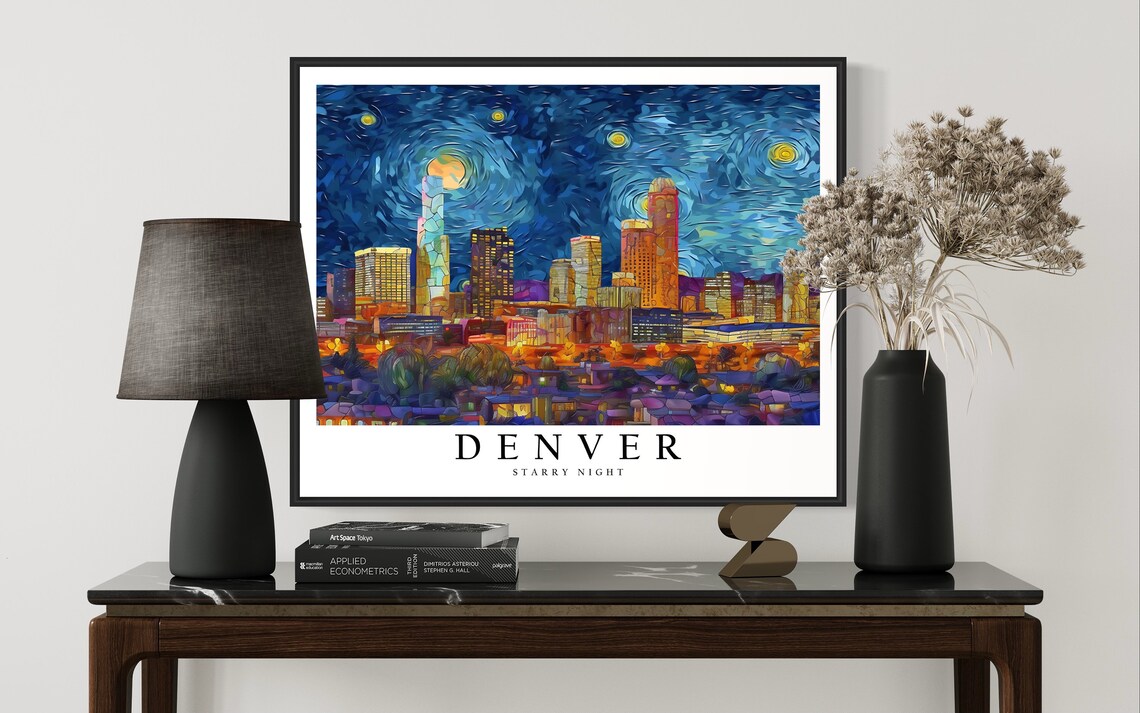 Denver Colorado Starry Night Downtown Skyline Glowing City Art Poster - Image 3