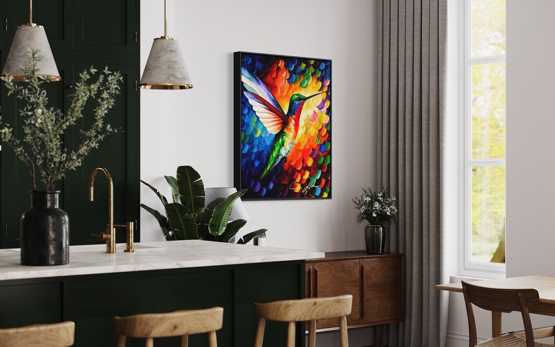 Colorful Hummingbird In Flight Jewel Tone Oil Painting Art Poster - Image 4