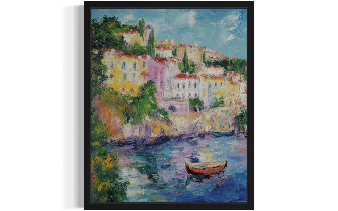 Portugal Coastal Hillside Town with a Boat Monet Style Poster