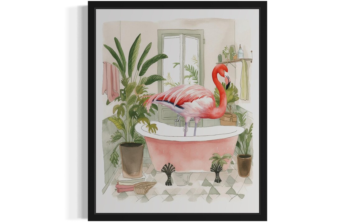 Flamingo Standing in a Pink Clawfoot Tub Watercolor Bathroom Poster