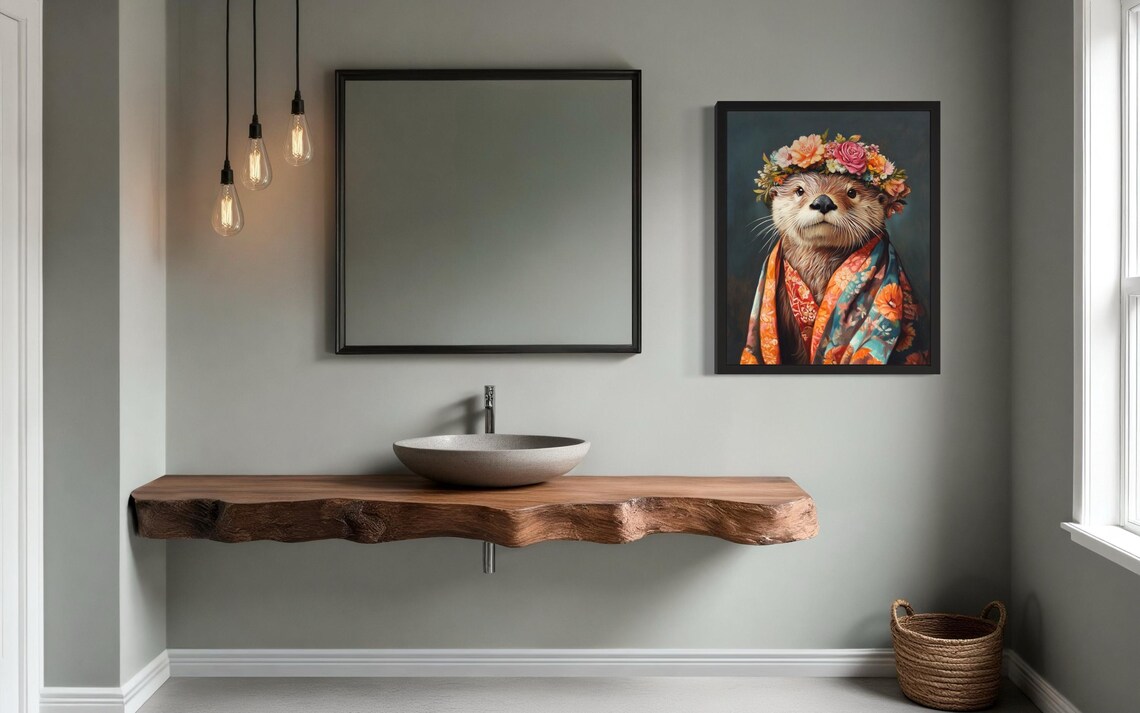 Sea Otter Wearing Flower Crown and Floral Kimono Whimsical Art Poster - Image 2