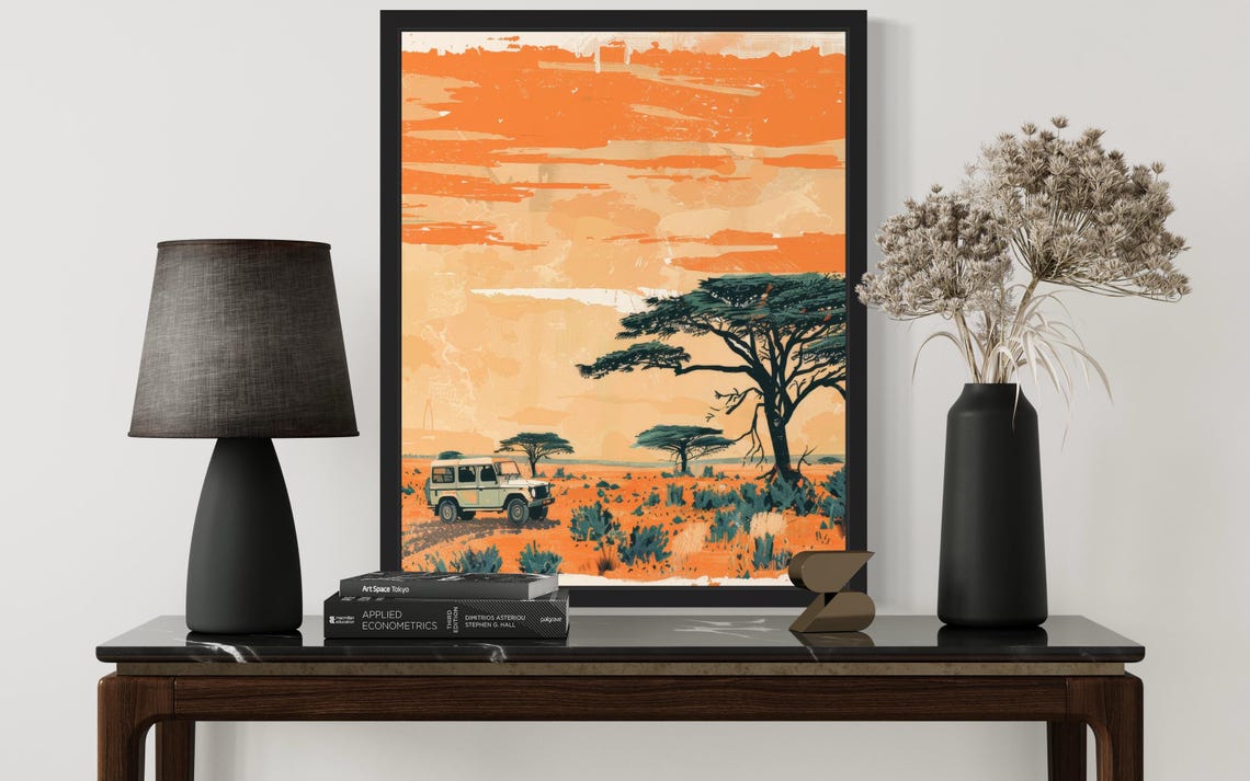 Retro African Safari Jeep Sunset Scene with Acacia Tree Wall Art - Image 2