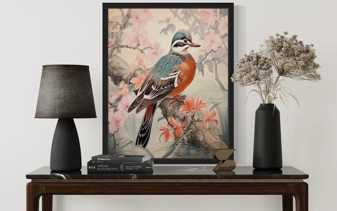 Mandarin Duck Among Pink Cherry Blossoms Vintage Waterfowl Poster - Image 2