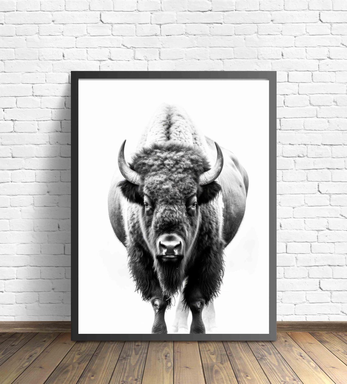Mighty Bison Front View Portrait in Black and White Art Poster - Image 2