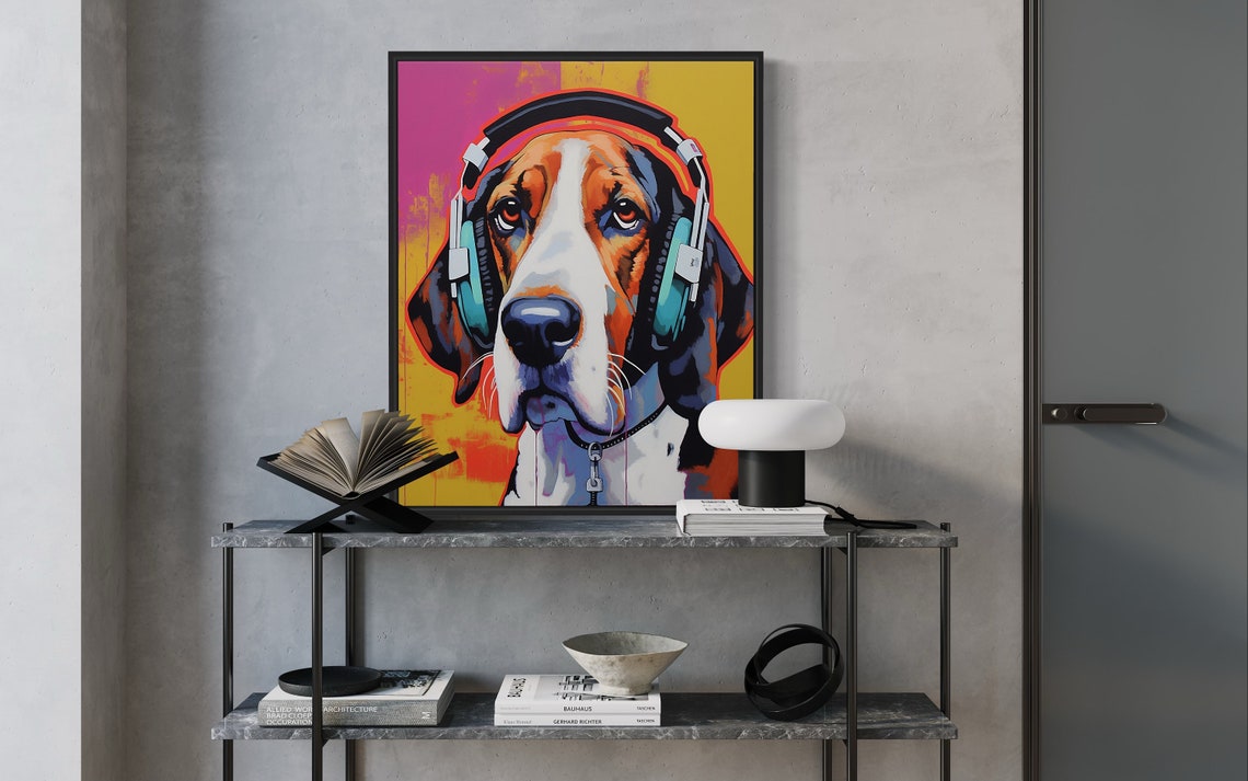 Foxhound Dog Wearing Teal Headphones Vivid Pop Art Music Poster - Image 2