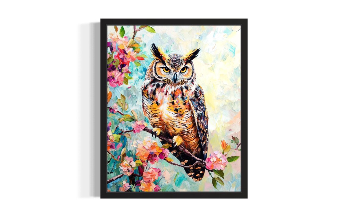 Great Horned Owl Perched Among Blossoms Colorful Bird Painting Poster
