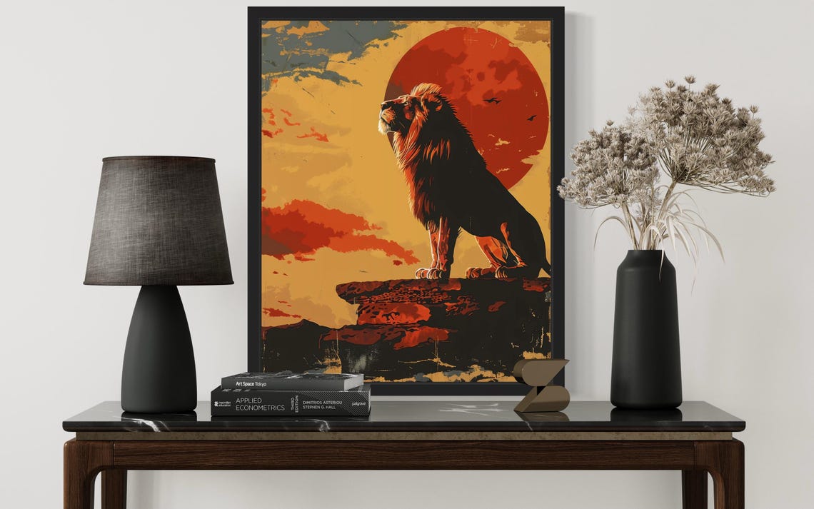 Lion on a Rock Under a Red Sun Vintage Safari Wildlife Poster - Image 2