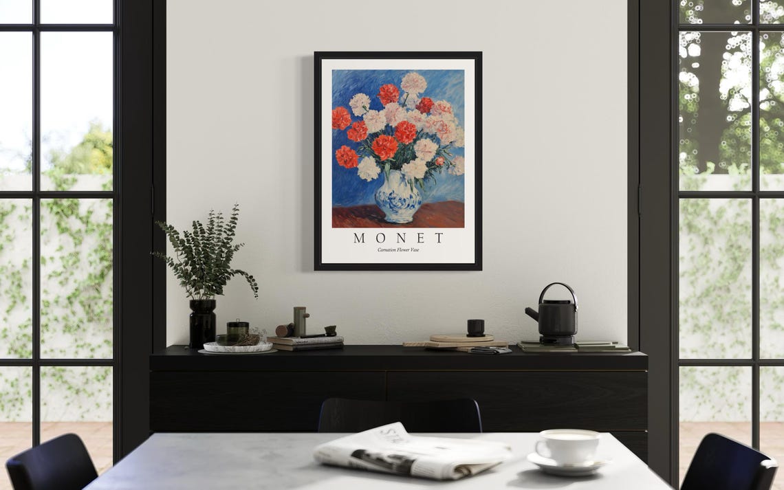 Carnation Flower Vase Red White Blooms Monet Style Art Poster - Image 2