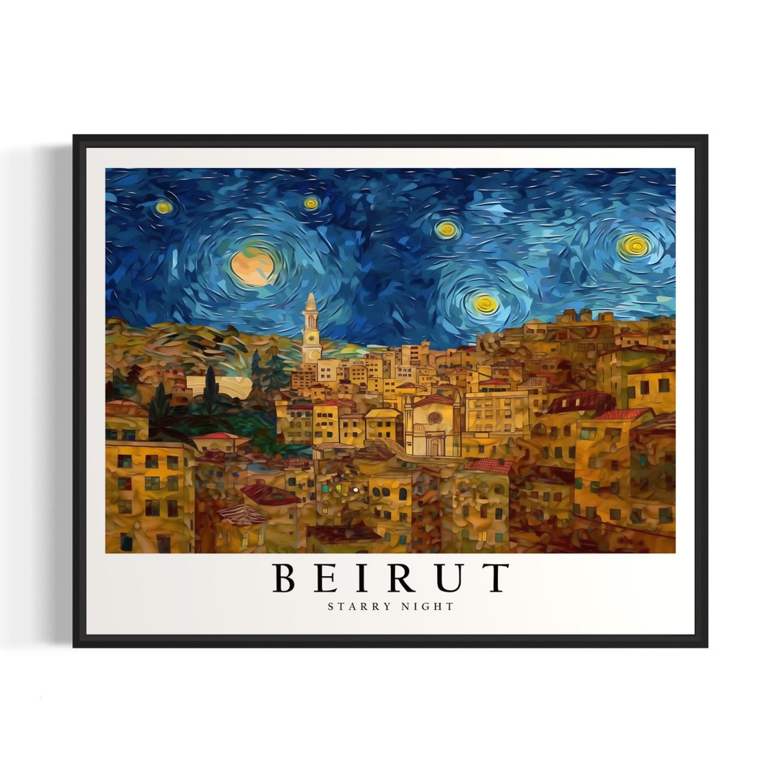Beirut Lebanon Starry Night Old Town Hillside Skyline Art Poster