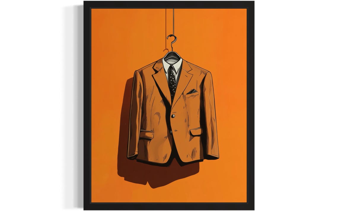 Vintage Tan Suit Pop Art Poster on Bold Orange Background Decor
