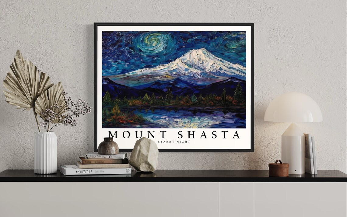 Mount Shasta California Snow Peak Starry Night Mountain Lake View Poster - Image 2