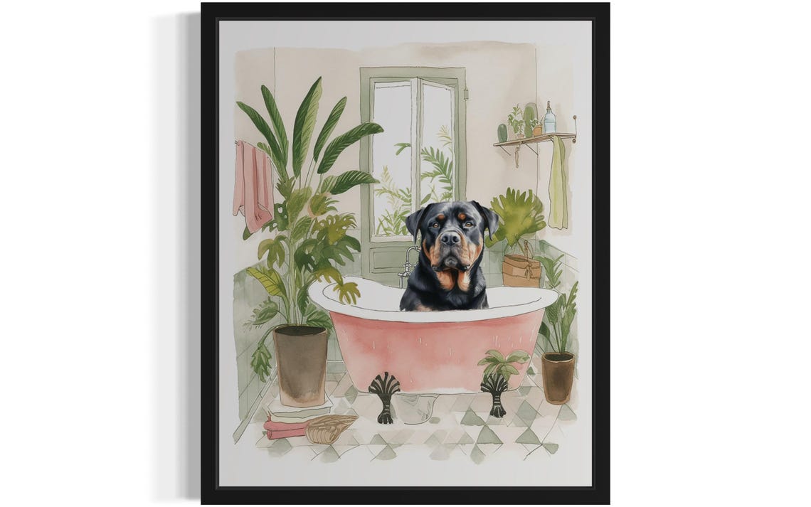 Rottweiler Dog Bath Time Pink Clawfoot Tub Botanical Art Poster