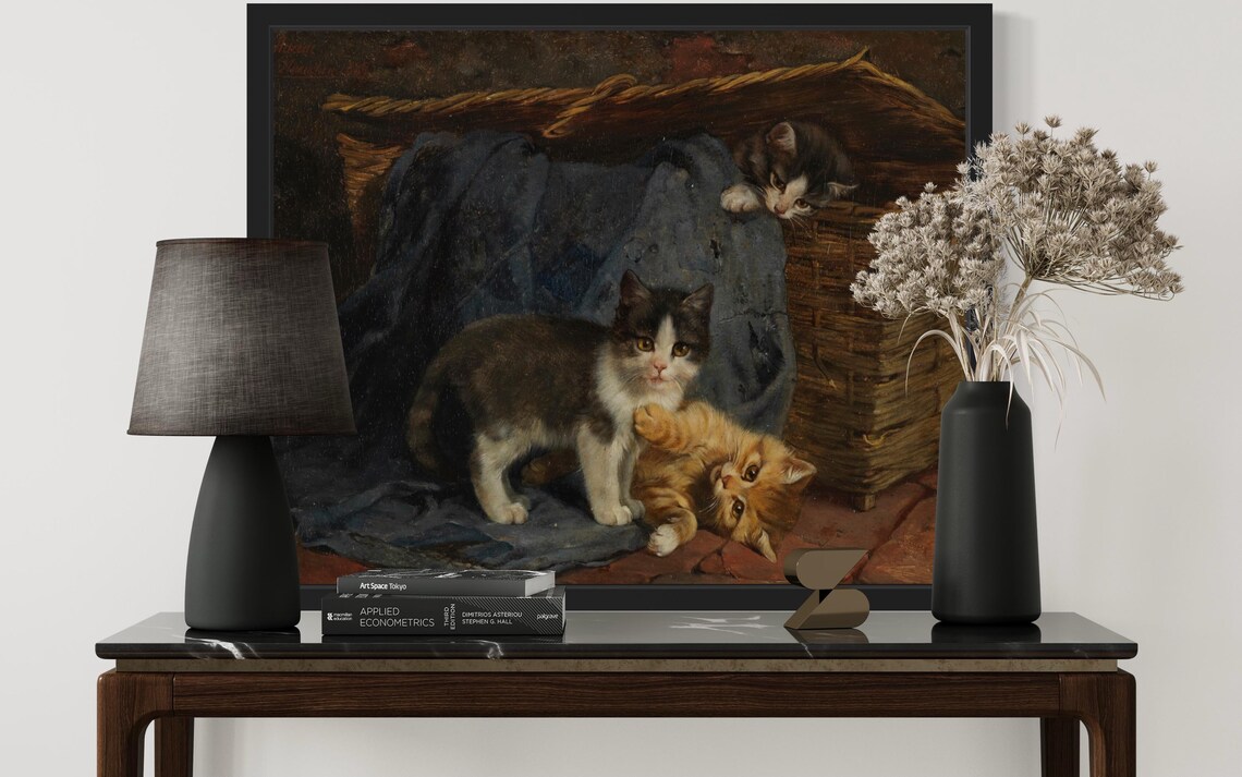 Vintage Kittens Playing by Basket Classic Oil Painting Poster - Image 2
