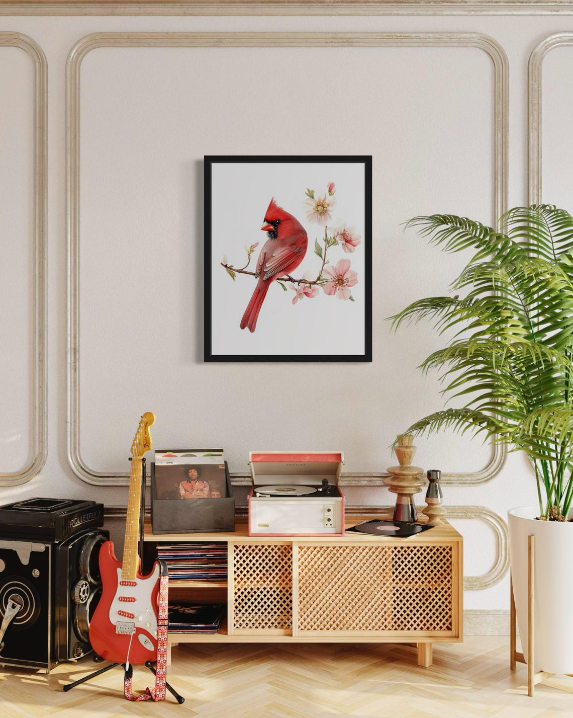 Northern Cardinal Among Pink Blossoms Watercolor Red Bird Poster - Image 4