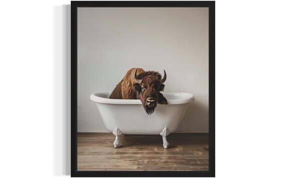 Bison Animal In Bathtub Art Print Poster Original Artwork Painting Bathroom Prints Decor
