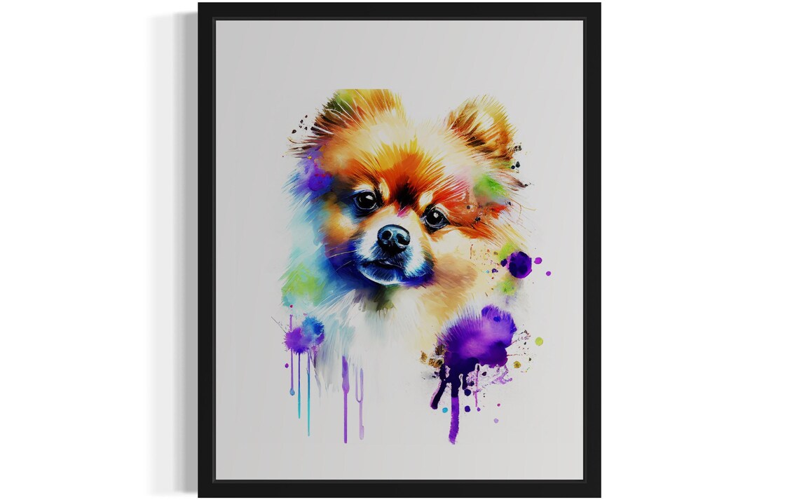 Fluffy Pomeranian Dog Face Rainbow Watercolor Portrait Poster