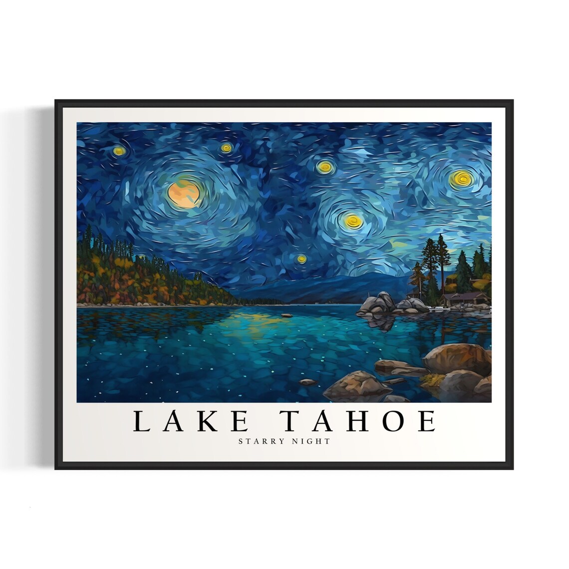 Lake Tahoe Starry Night Moonlit Lake Impasto Landscape Poster