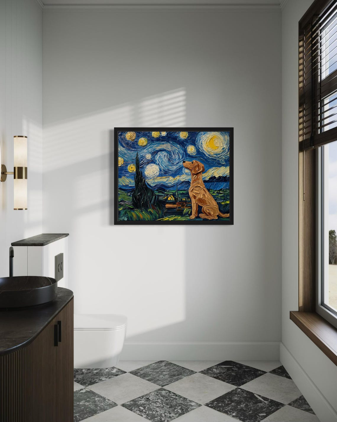 Seated Tan Dog Gazing Up at a Van Gogh Starry Night Sky Poster - Image 3